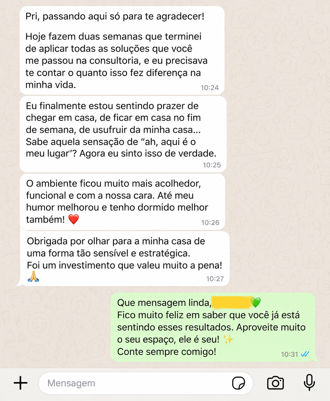 Relato de cliente sobre acolhimento, humor e sono após aplicar as soluções