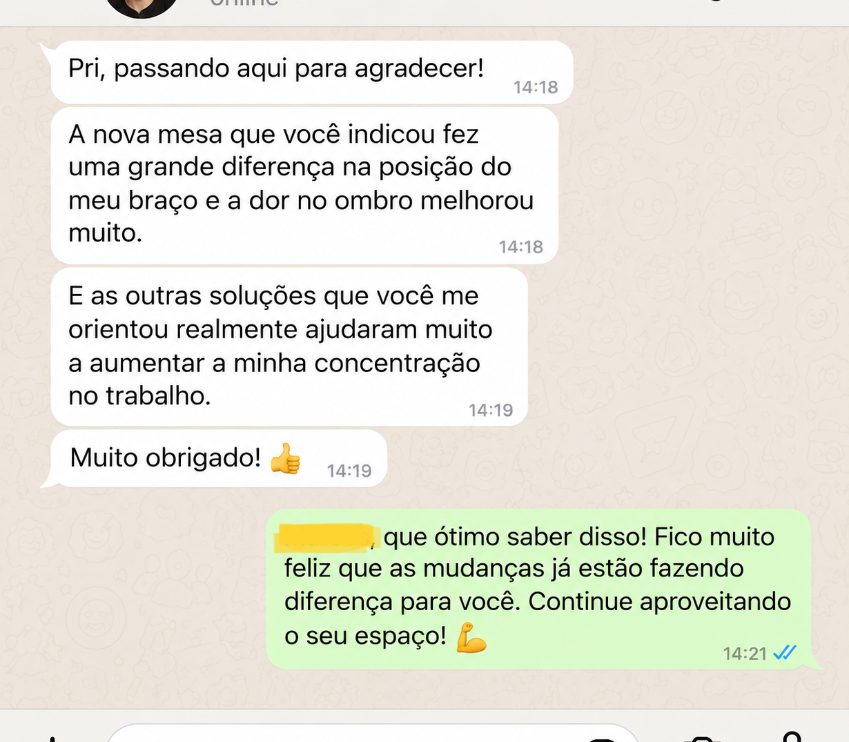 Relato de cliente sobre conforto e concentração no trabalho