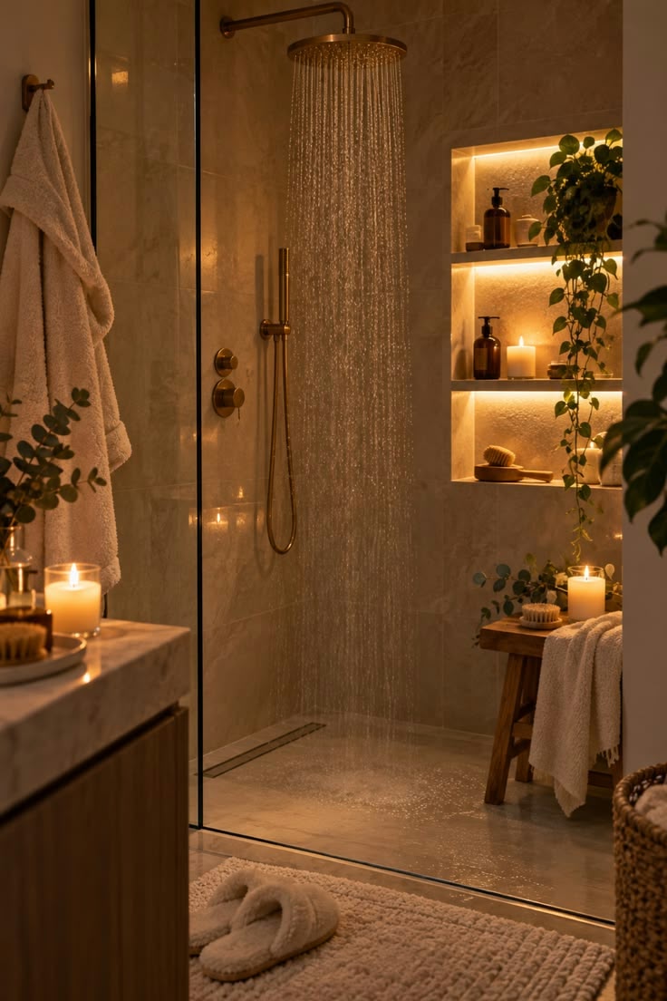 Chuveiro com luz quente e velas, clima de spa
