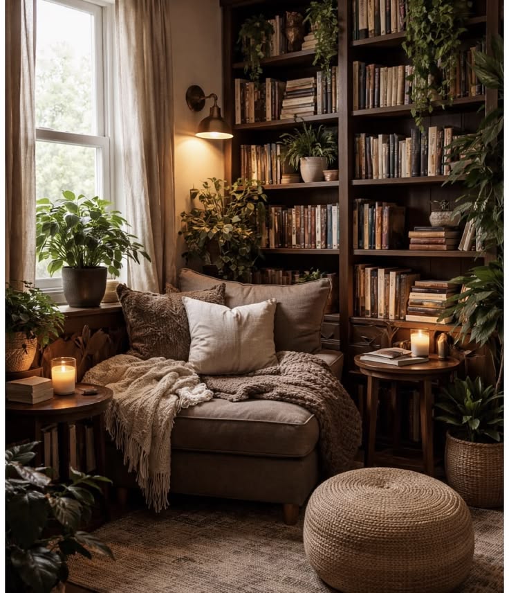 Canto de leitura com poltrona, livros e luz baixa