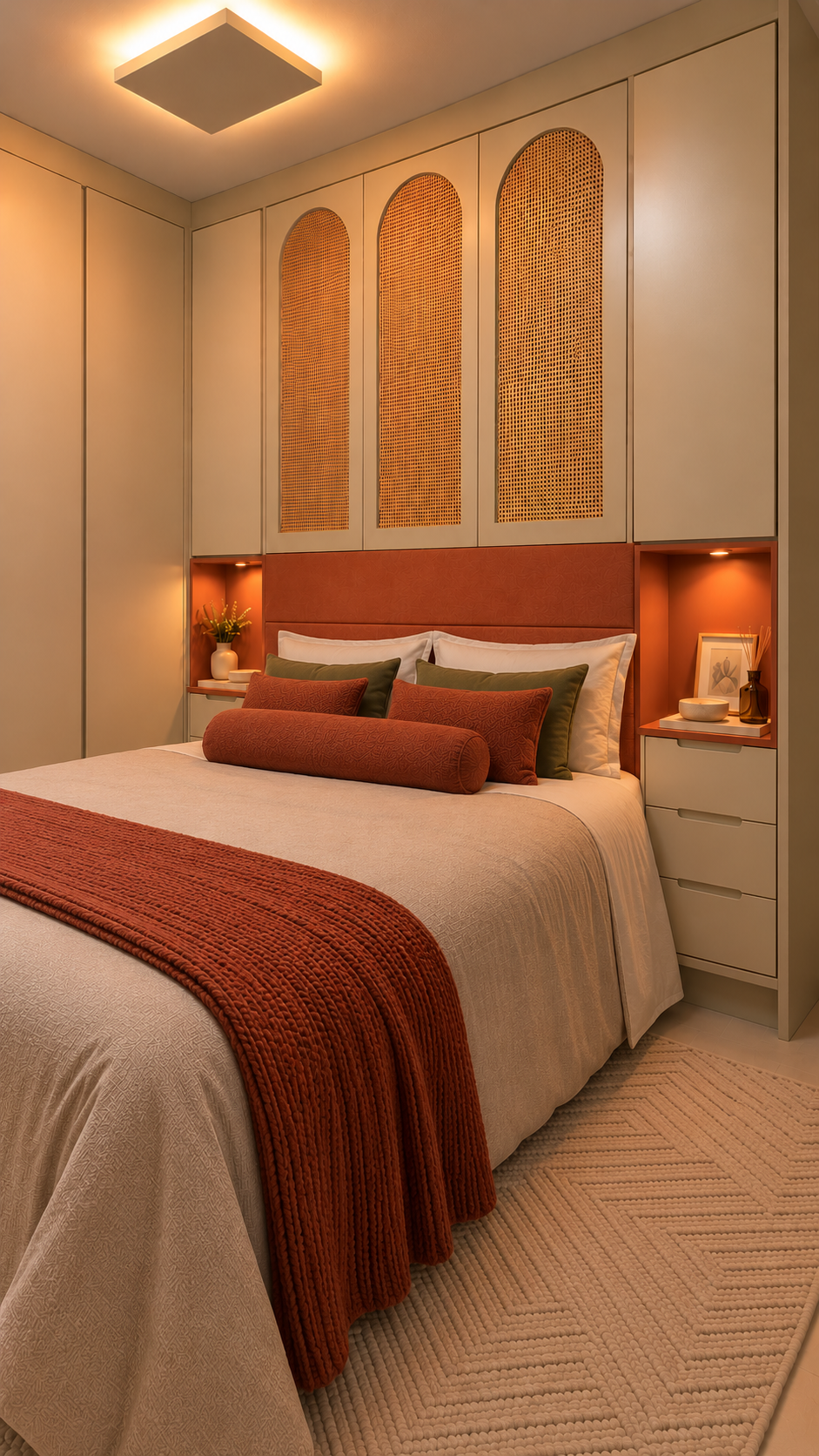 Quarto aconchegante com cama terracota depois da transformação